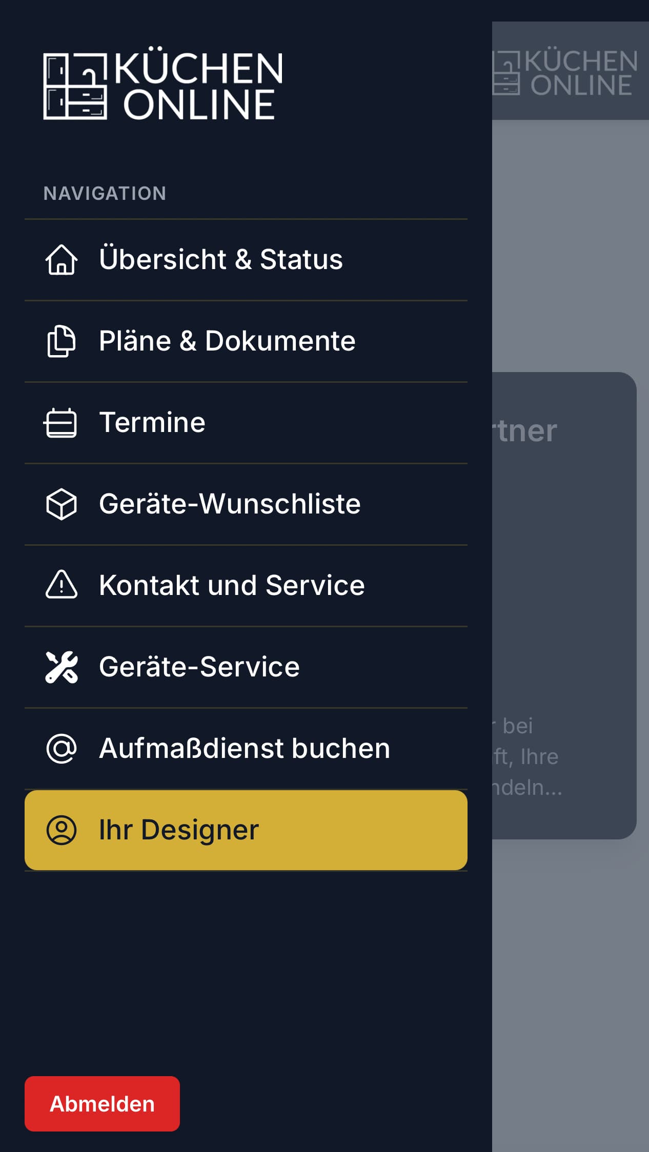Screenshot des Kuechenonline Kunden-Cockpits